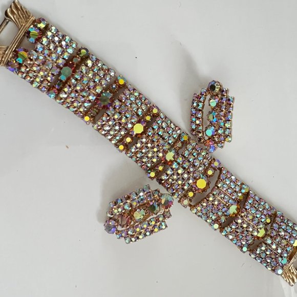 GLAMOROUS VINTAGE WIDE AB Rhinestone JEWELRY SET BRACELET EARRINGS CONTINENTAL - Picture 2 of 12